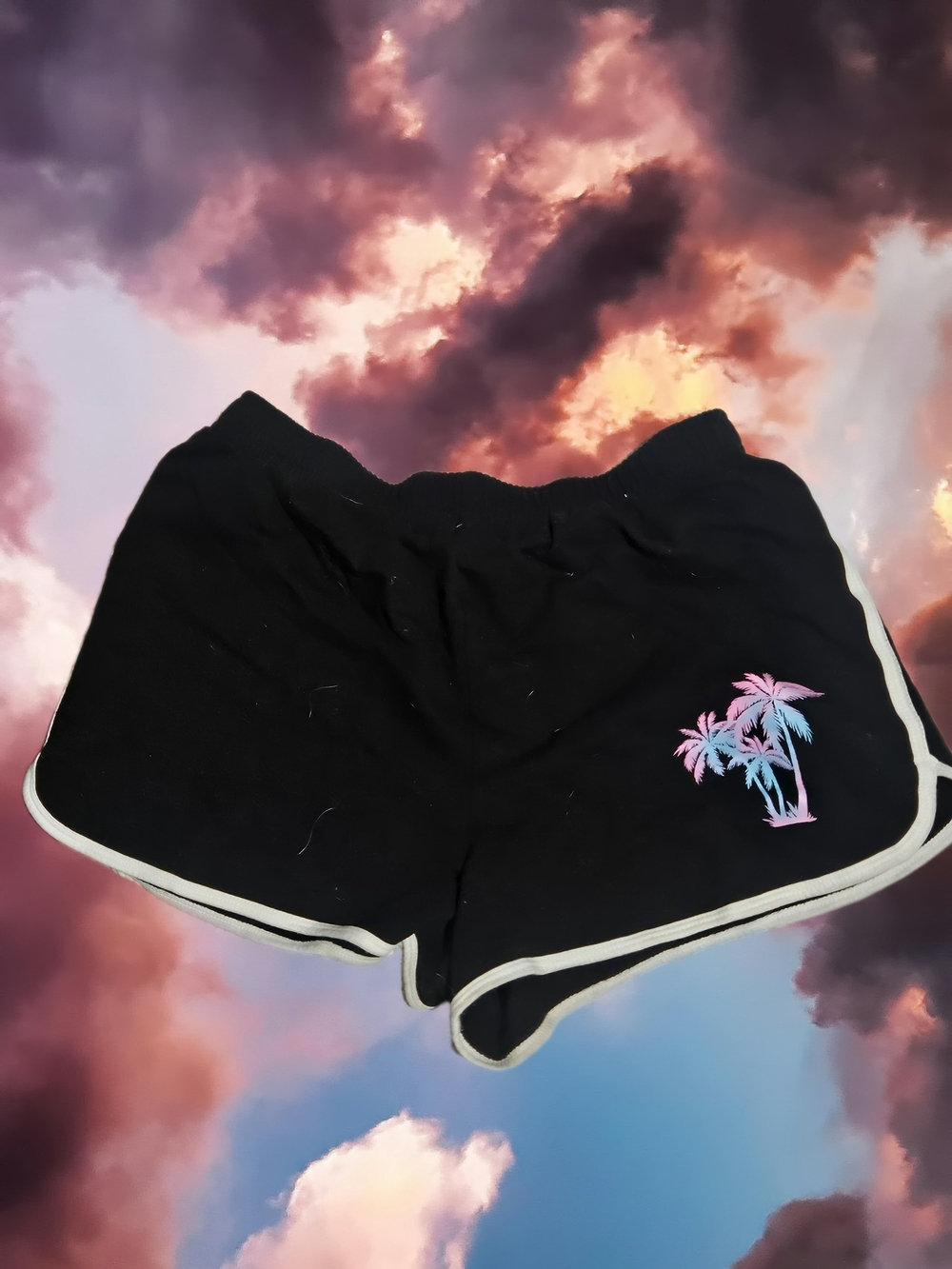 No Boundaries Black Athletic Shorts with Pink & Blue Palm Tree